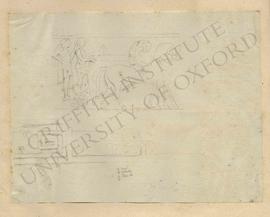 Colour-coded sketch of winged horses pulling two charioteers in profile, and beginning of meander...