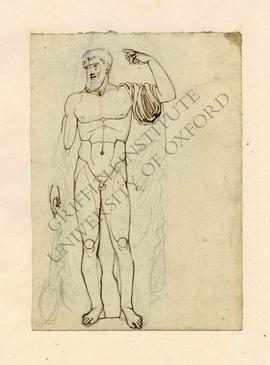 Free-standing sculpture of bearded male nude figure (Zeus(?)) with raised right arm and cape