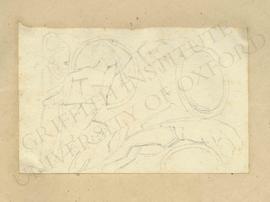 Relief of battle scene with two fighting warriors, one dying warrior, and helmeted Athena on left...
