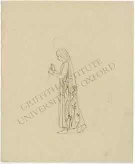 Walking woman with amphora on head and holding drop spindle