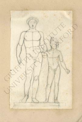Frontal view of free-standing group of statue of nude Dionysus and young nude satyr (Naples, Muse...